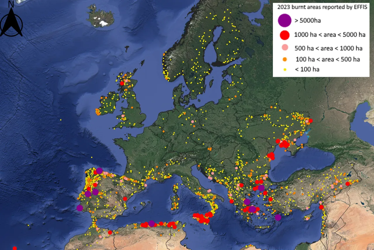 Europe Lage Fires 2023 map from EFFIS