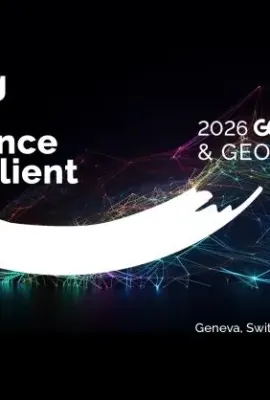 Banner for the 2026 GEO Symposium and GEO-21 Plenary, titled “Investing in Earth Intelligence for a resilient future”. The design features an abstract, multicoloured digital landscape on a dark background. Text includes “Geneva, Switzerland | 26–28 May 2026” and the hashtag “#EarthIntelligenceforAll”.