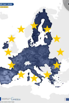 A mosaic map of the European Union created from Copernicus Sentinel satellite imagery, overlaid with the 12 gold stars of the EU flag, produced to mark Europe Day 2026