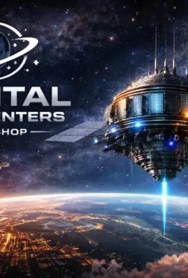 The promotional banner for the Orbital Data Centers Workshop, featuring an artistic rendering of a space station above Earth with a rocket launching nearby against a starfield backdrop..