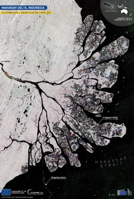 Copernicus Sentinel-1 satellite radar composite of the Mahakam Delta in Indonesia, showing branching river channels, coastal wetlands, irrigated fields, shipping lanes and vessels near Samarinda and the Makassar Strait.