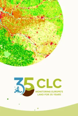 Promotional graphic marking 35 years of CORINE Land Cover, featuring a globe rendered in CLC colour classes alongside the text "Monitoring Europe's Land for 35 Years."