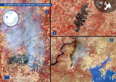Three satellite images of separate wildfires along the Spain–Portugal border, showing burned areas and smoke in false colours.