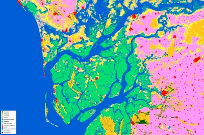 Classified land-cover map of the Saloum Delta in Senegal, with mangroves and other vegetation shown in shades of green along the delta, cropland in pink across the eastern half, tidal channels and open water in blue, and small red patches marking built-up areas. A legend in the lower left lists the land-cover classes.