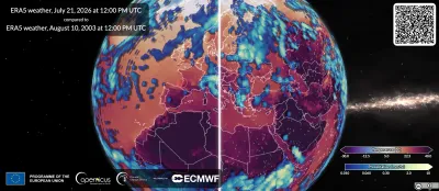 Side-by-side Weather Replay App view of the globe comparing ERA5 weather conditions over Europe, North Africa, and the North Atlantic on two dates: 21 July 2026 on the left and 10 August 2003 on the right, both at 12:00 UTC. Warm orange and red tones show high temperatures across much of Europe and the Mediterranean on a scale from −30 to 40°C, while blue and purple shading marks precipitation. Both dates show extensive heat over the European landmass.