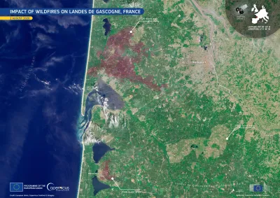 Copernicus Sentinel-2 image of the Landes de Gascogne region in southwestern France showing the extent of the August 2026 wildfires. Burnt areas appear in dark reddish-brown across the forest north of Arcachon Bay, with additional smaller burn scars near Biscarrosse. A lighter-toned 2022 burn scar remains visible to the southeast. The Atlantic coast, Arcachon Bay, Bordeaux, and Langon are labelled for reference.