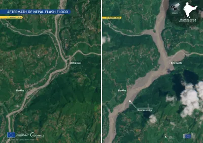 Side-by-side satellite images showing the aftermath of a flash flood near Betrawati and Gerkhu, Nepal. The left image, dated 12 August 2026, shows a narrow river channel. The right image, dated 27 August 2026, shows a much wider, sediment-filled river channel and extensive flood deposits.