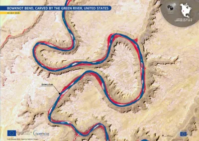 Satellite image of Bowknot Bend on the Green River in the United States, showing the river winding through a series of tight, looping meanders carved into pale desert canyon terrain. The river appears dark blue with bright red margins in the false-color imagery. A label identifies the Green River, with location coordinates and a 500 m scale shown on the map.