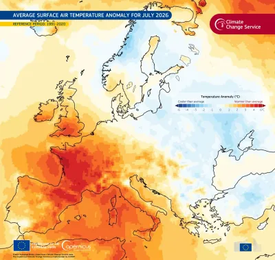 Map of Europe showing average surface air temperature anomalies for July 2026 compared with 1991–2020 average. Western and southern Europe are mostly warmer than average, with the strongest warming in France and the western Mediterranean shown in dark red. Northern and eastern Europe are generally near average to cooler than average, with blue areas around Scandinavia, the Baltic, and eastern Europe. Temperature anomalies range from −6°C to +6°C.