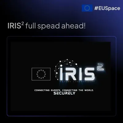 IRIS2 full spead ahead with the EU flag #EUSpace and the IRIS2 logo