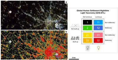 Two maps of the same area near Padova, Italy: a nighttime light image (a) showing white and amber lights on black, and a classified version (b) showing the same area as coloured pixels sorted by settlement and light type. A legend at right defines the GHS-NTL taxonomy categories; a scale bar shows 5 km.
