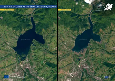 Copernicus Sentinel-2 images showing the Żywiec Reservoir, in southern Poland, facing low water levels after prolonged dry conditions