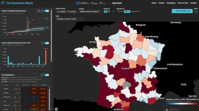 Screenshot of the Fire Emissions Watch app showing a map of France for 1–31 July 2026, with departments shaded by wildfire carbon emission anomaly (z-score against the 2003–2025 baseline). Large areas of central and southern France appear in deep red, indicating emissions well above average. Side panels show France's cumulative and historical emission totals and a ranked table of departments led by Drôme, Landes, and Saône-et-Loire.