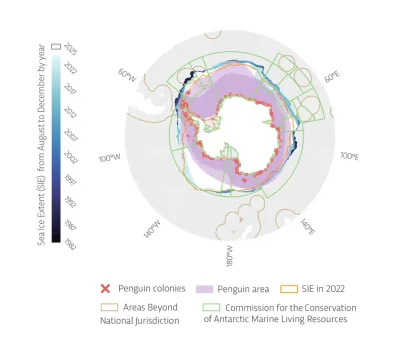A map of Antarctica and the Southern Ocean showing changes in colonies of Adélie and Emperor penguins (1982-2022) and their sea ice habitats (1982-2025).