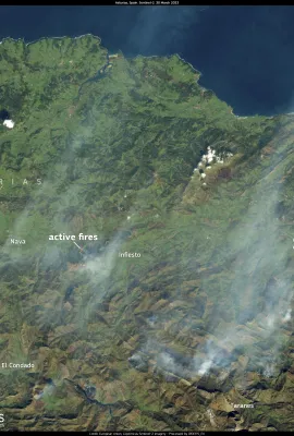Fires burning in the Asturias region, Spain