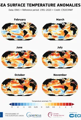 Monthly sea surface temperature anomalies in 2023