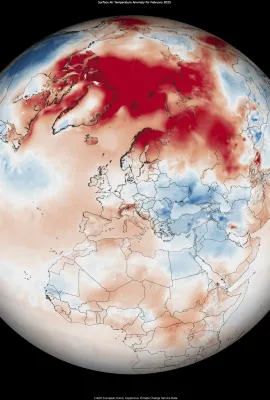 February 2025 was the third warmest February on record globally