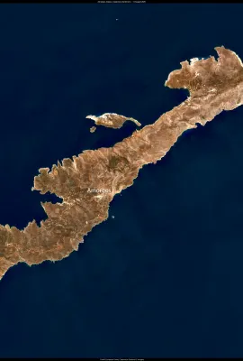 The image shows the island of Amorgos, Greece.