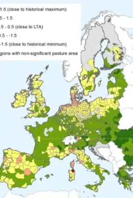 Map of relative index of pasture productivity over Europe, comparing February-March 2018 with the historical statistics (1999-2017)