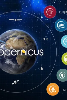 The image features the Copernicus programme logo centred on Earth against a space backdrop, surrounded by satellites. To the right, six coloured icons represent different monitoring services: Climate Change (red), Marine Monitoring (blue), Atmosphere M...