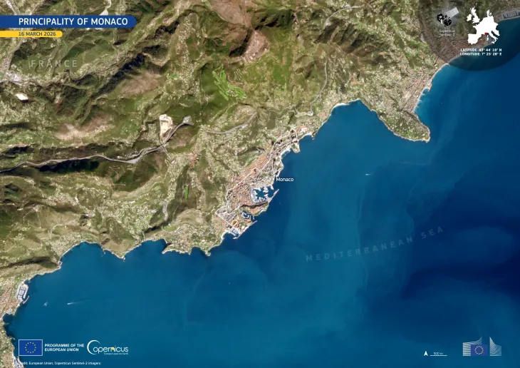 Monaco’s urbanised coast between the Maritime Alps and the sea