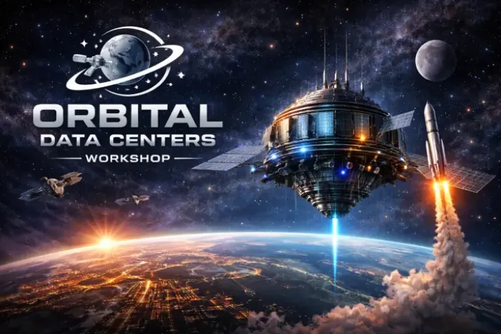 The promotional banner for the Orbital Data Centers Workshop, featuring an artistic rendering of a space station above Earth with a rocket launching nearby against a starfield backdrop..