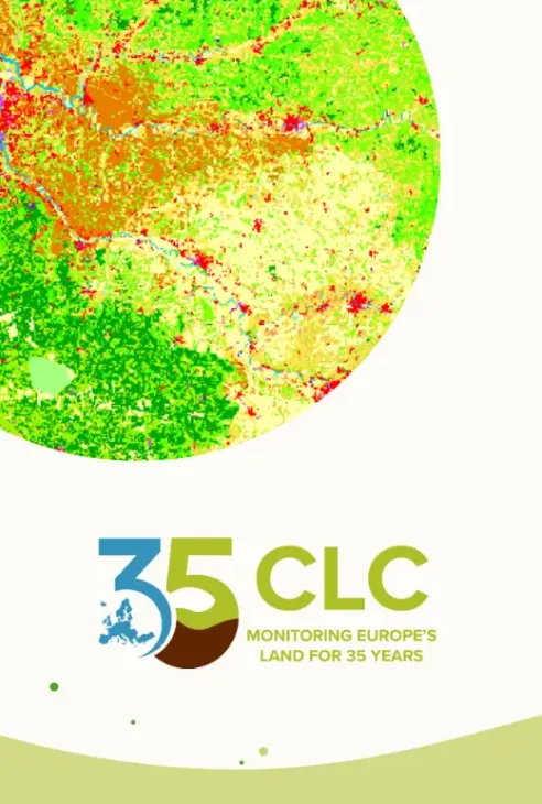 Promotional graphic marking 35 years of CORINE Land Cover, featuring a globe rendered in CLC colour classes alongside the text "Monitoring Europe's Land for 35 Years."