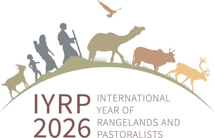Logo for the International Year of Rangelands and Pastoralists (IYRP) 2026. Silhouettes of pastoralist people and grazing animals—including goats, a camel, cattle, and a deer—walk across a curved rangeland landscape beneath a flying bird. The text below reads: “IYRP 2026 – International Year of Rangelands and Pastoralists.”