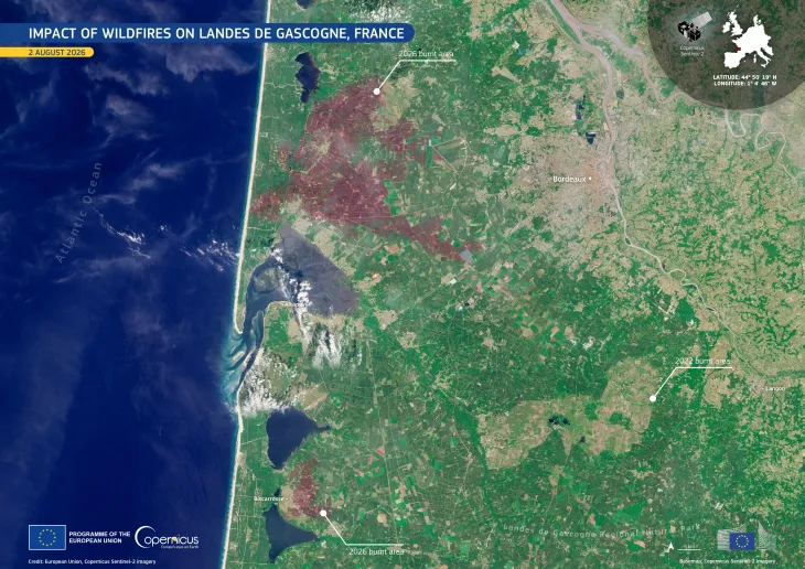 Copernicus Sentinel-2 image of the Landes de Gascogne region in southwestern France showing the extent of the August 2026 wildfires. Burnt areas appear in dark reddish-brown across the forest north of Arcachon Bay, with additional smaller burn scars near Biscarrosse. A lighter-toned 2022 burn scar remains visible to the southeast. The Atlantic coast, Arcachon Bay, Bordeaux, and Langon are labelled for reference.