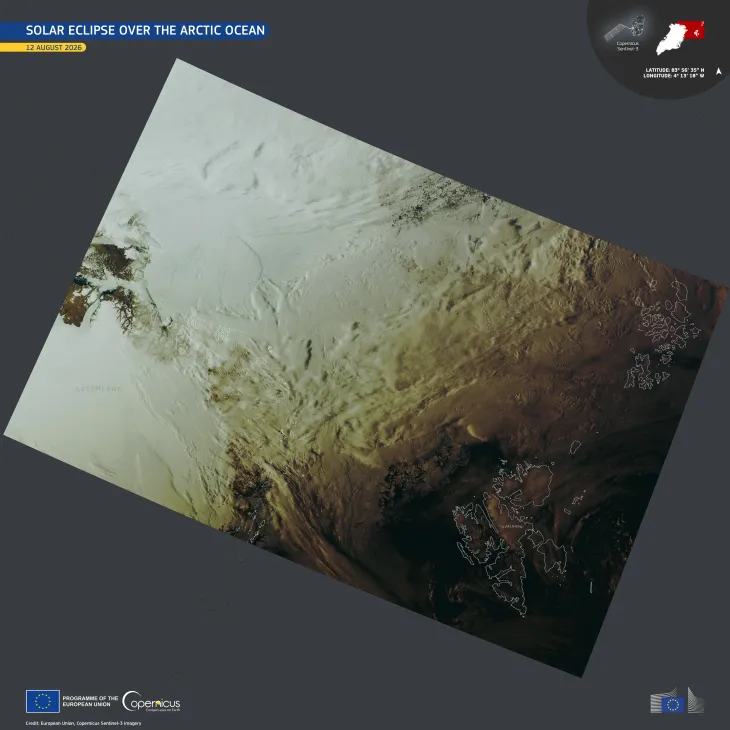 Satellite image of the eclipse shadow , spanning from northern Greenland to the Svalbard Archipelago and Franz Josef Land.