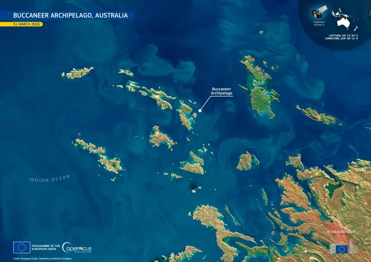 Satellite image of the Buccaneer Archipelago off the Kimberley coast of Western Australia, showing the rugged coastline and numerous islands and waterways.  