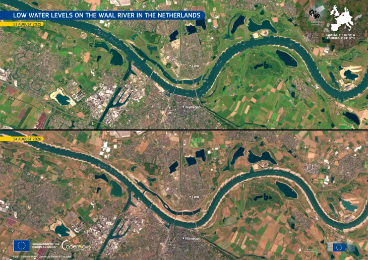 Copernicus Sentinel-2 images showing drought on the Waal river in the Netherlands.