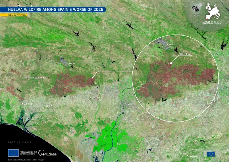 Copernicus Sentinel-2 image showing the Huelva wildfire's burn scar.