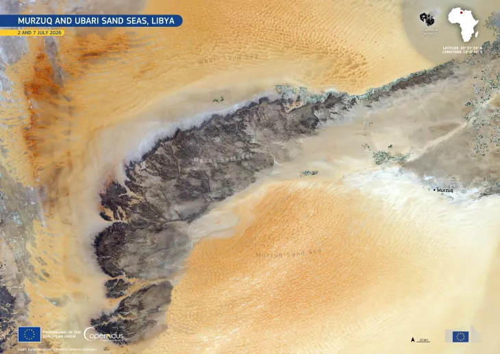 Copernicus Sentinel-2 image of the Murzuq and Ubari Sand Seas in Libya, acquired on 2 and 7 July 2026. Vast orange sand dunes surround the dark, rugged Mesak Settafet plateau, with the settlements of Murzuq and surrounding desert visible to the east.