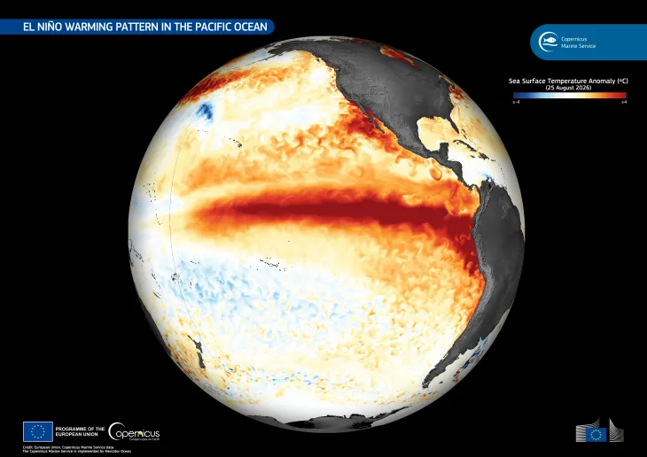 This data visualisation, based on data from the Copernicus Marine Service, shows sea surface temperature anomalies on 25 August 2026
