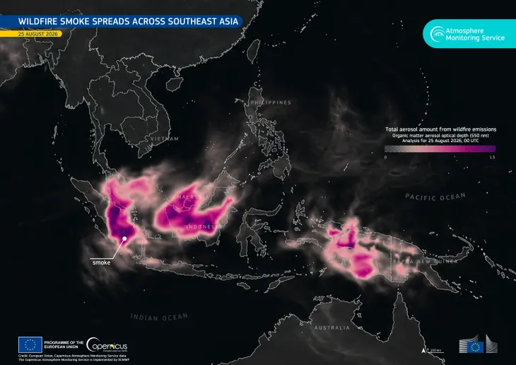 Fire Emissions Watch App showing smoke plumes across southeast Asia