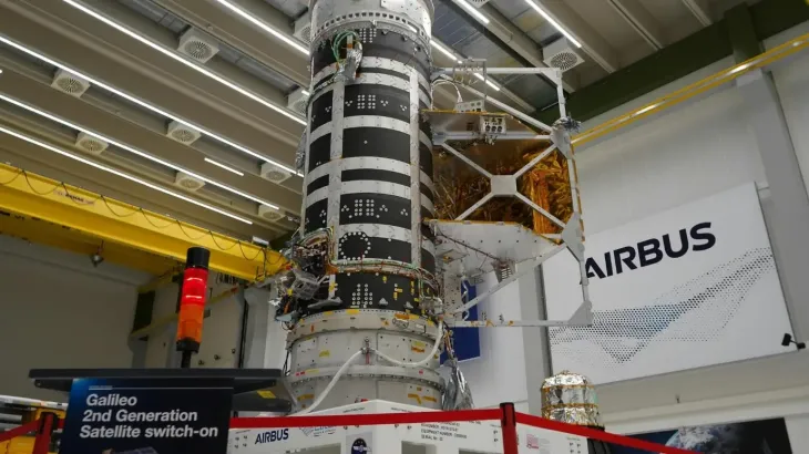 A Galileo Second Generation satellite stands partly assembled in an Airbus cleanroom, its body wrapped in black and white panelling with gold thermal foil visible on one folded side. A sign in the foreground reads "Galileo 2nd Generation Satellite switch-on"