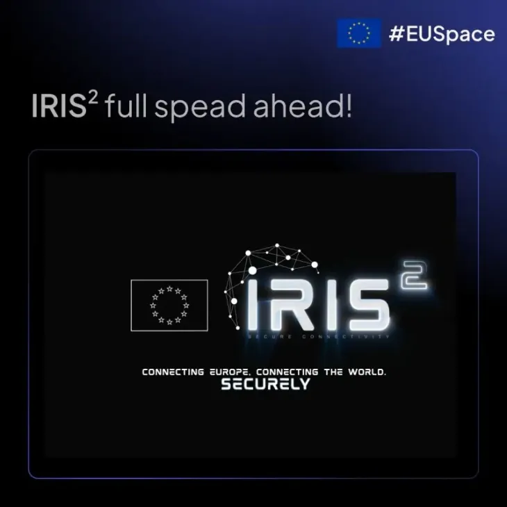 IRIS2 full spead ahead with the EU flag #EUSpace and the IRIS2 logo