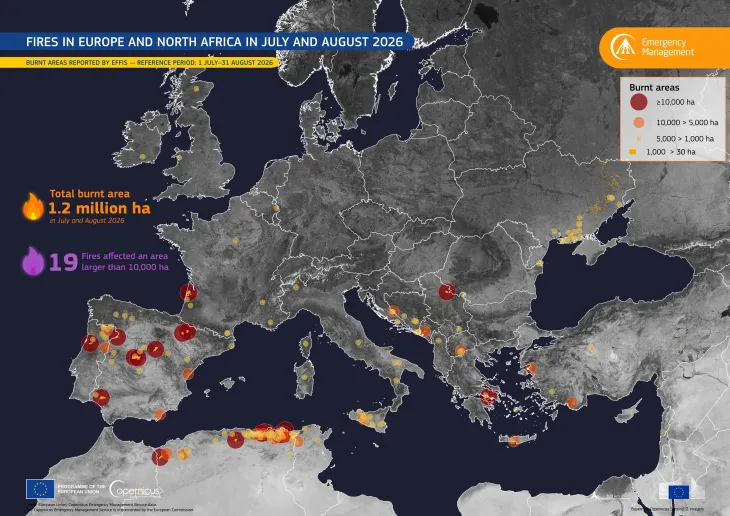 Map of fires in Europe and North Africa in July-August 2026
