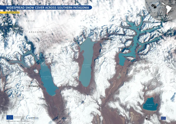 Sentinel-2 image of widespread snow cover across Southern Patagonia