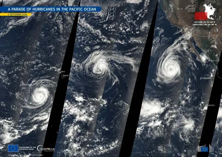 Sentinel-3 image of three hurricanes in the Pacific Ocean