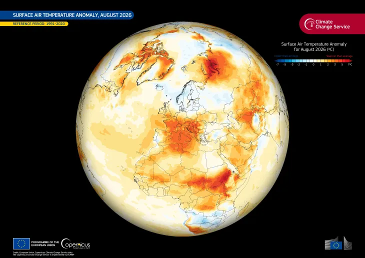 Surface air temperature anomaly, August 2026
