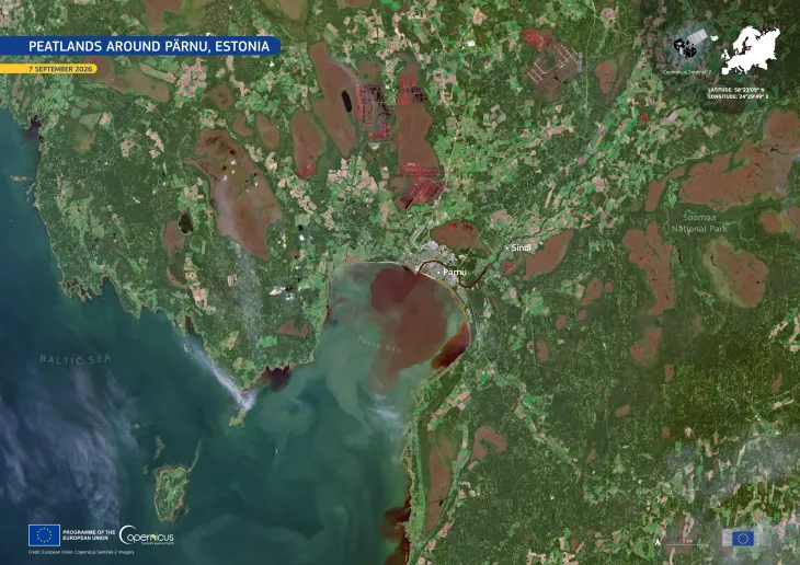 Copernicus Sentinel-2 image showing peatlands in Estonia.