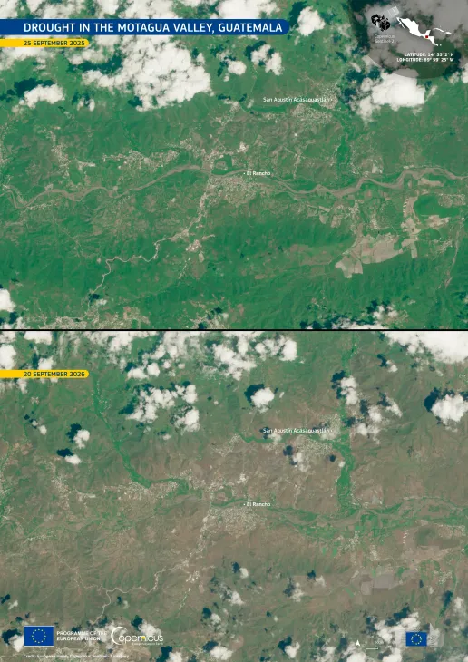 Before-and-after Copernicus Sentinel-2 satellite images of the Motagua Valley in Guatemala, showing the area around San Agustín Acasaguastlán and El Rancho. The 25 September 2025 image shows predominantly green vegetation, while the 20 September 2026 image shows much drier, brown vegetation across the valley and surrounding hills, illustrating the effects of drought.