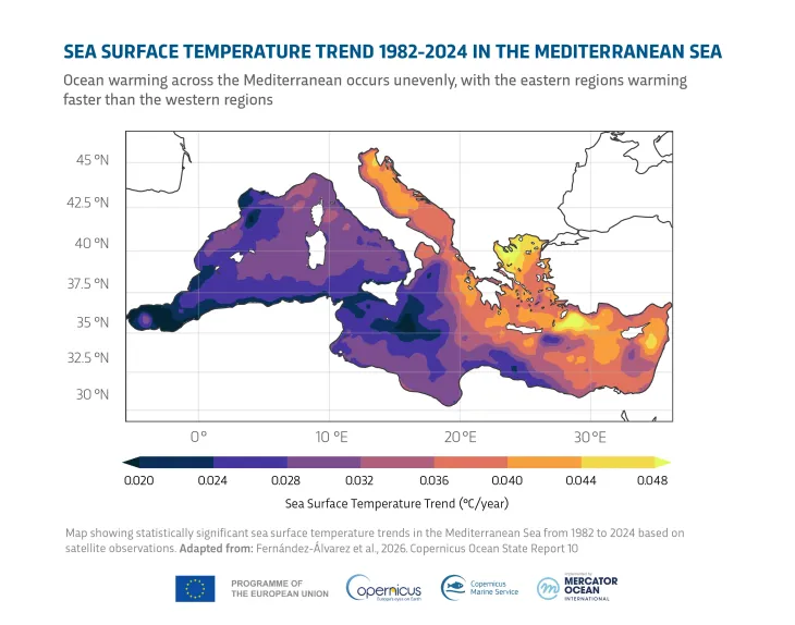 Copernicus Marine data showing sea surface temperature trend in the Mediterranean Sea
