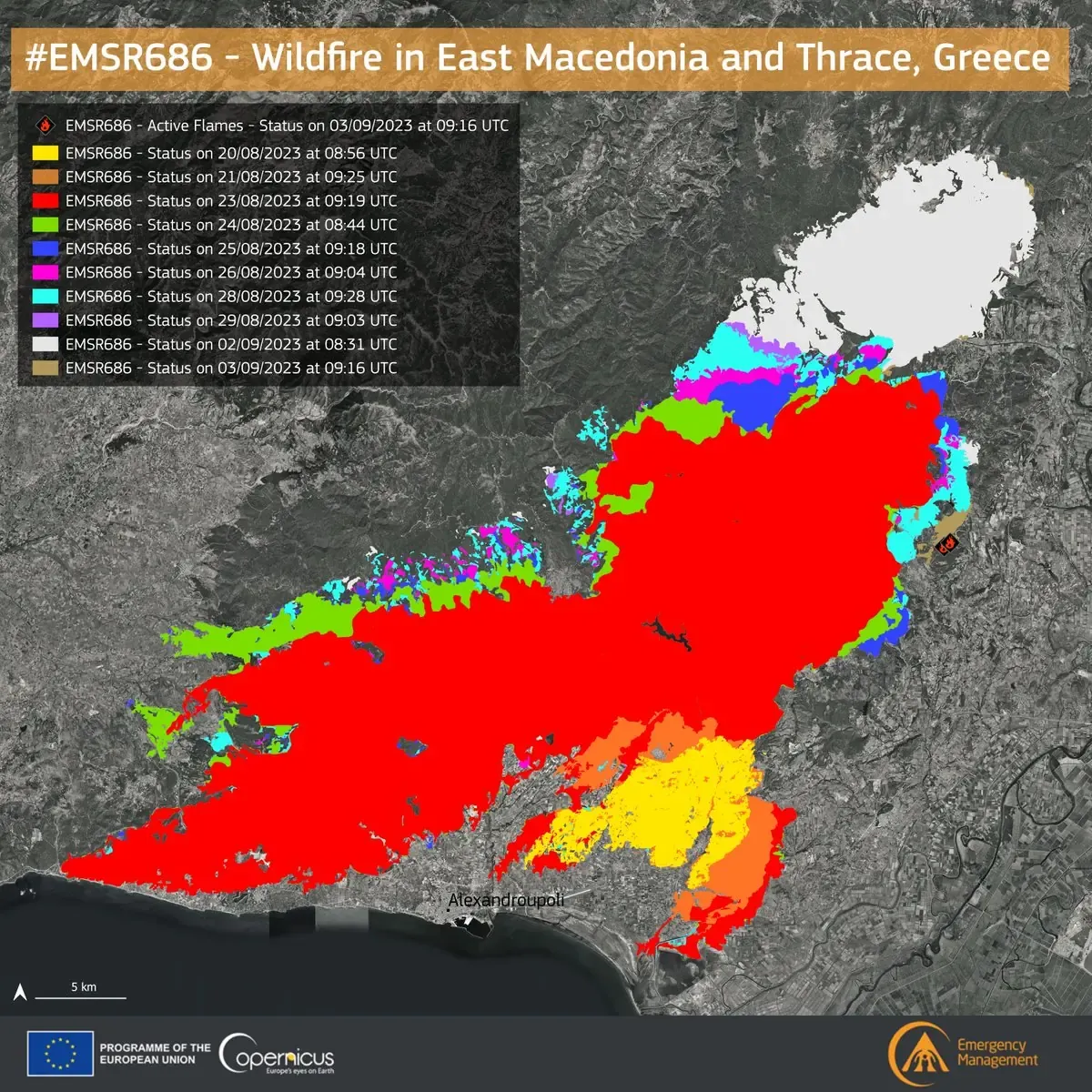 Map of wildfire in East Macedonia and Thrace, Greece