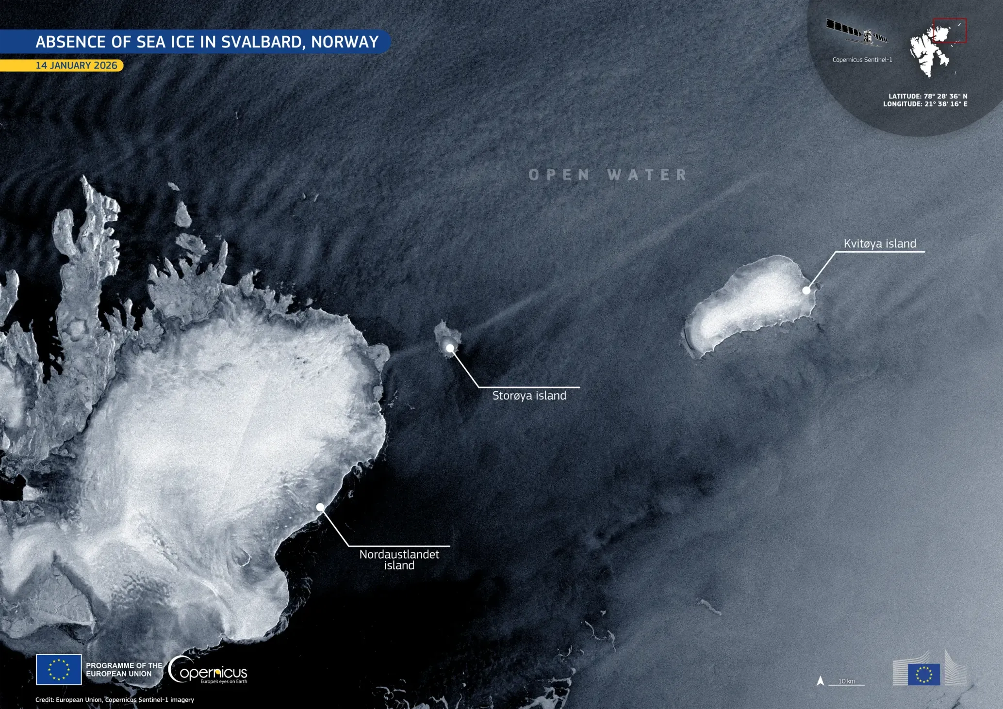 Absence of sea ice in Svalbard, Norway