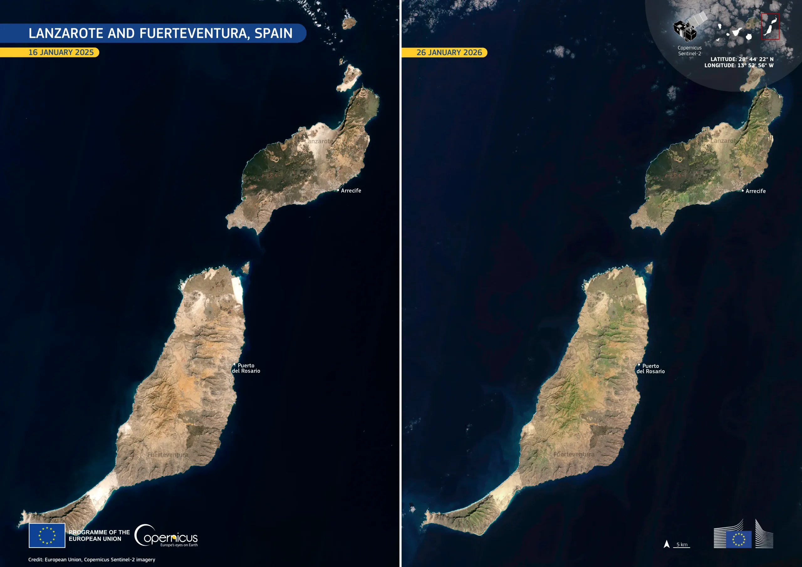 Lanzarote and Fuerteventura turn green after above record precipitation, Spain
