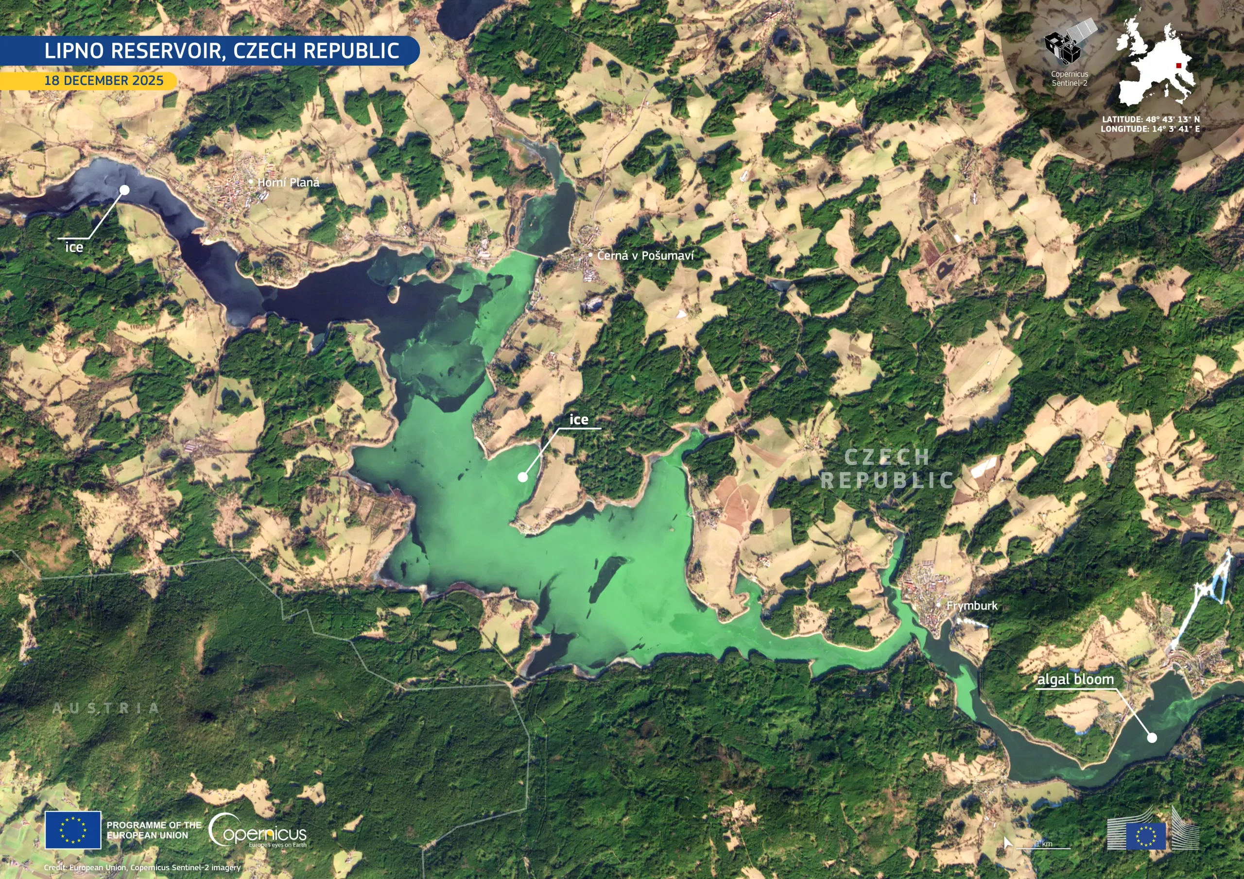 Frozen algal bloom in Lipno Reservoir, Czech Republic