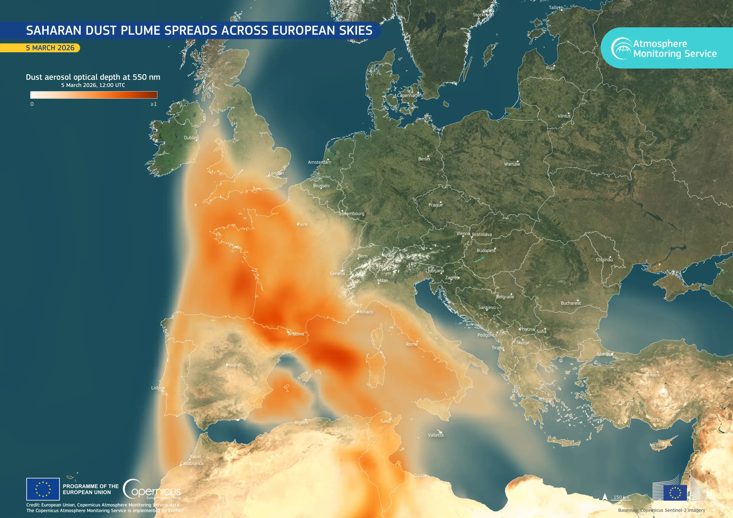 Saharan dust plume spreads across European skies